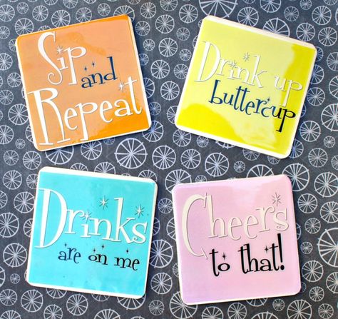 Make funny coasters that will last by using weather proof printable labels, a free printable, and resin. Complete tutorial. Casino Tumbler Ideas, Resin Coasters With Quotes, Cricut Coasters Diy Vinyl, Sublimation Coasters Ideas, Cricut Coasters, Coasters Ideas, Vinyl Coasters, Drinking Gifts, Mod Melts