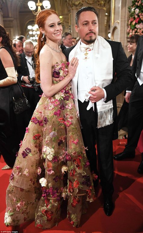 Fabulously floral: Model Barbara Meier makes an entrance in a floor-sweeping floral gown a... Luxury Floral Embroidery Ball Gown For Gala, Floral Embroidered Ball Gown For Banquet, Luxury Ball Gown With Floral Print, Luxury Floral Ball Gown, Vienna Ball, Vienna Opera Ball, Opera Dress, The Dazzling, Floral Gown