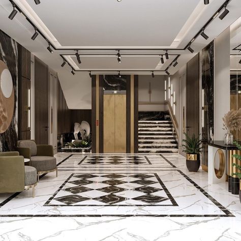 Lobby Floor Design, Residence Lobby, Compact Staircase, Hostel Design, Hostels Design, Glass Elevator, Classic House Exterior, House Design Pictures, Lift Design