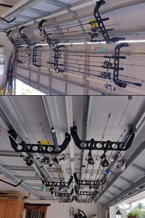 Transforms the inside of your garage door into a handy storage rack that can safely hold up to 6 fishing rods, brooms, gardening tools, hockey sticks, and more. Rod Racks Fishing, Garage Door Fishing Rod Holder, Garage Door Storage, Fishing Pole Rack, Broom Storage, Rod Rack, Hockey Sticks, Fishing Rods, Fishing Pole