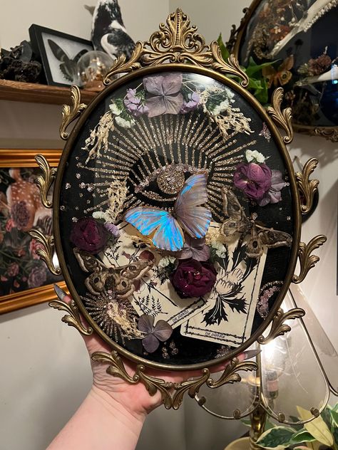 A vintage bubble glass frame featuring the emperor and empress tarot cards with a Morpho aurora, two emperor moths, and dried flowers. Glass measures approximately 10x12 Diy Gothic Decor, Translucent Art, Dry Flower Art, Tarot Decor, Oddity Art, Deep Autumn Palette, Gothic Crafts, Oddities Decor, Entomology Art