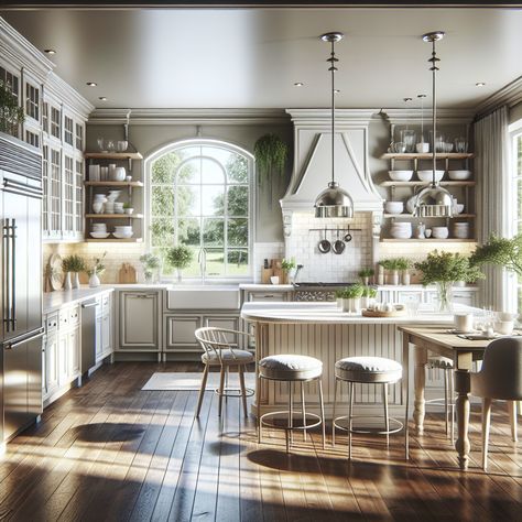 Relax in this bright, open-concept kitchen with quartz counters and an island with seating. The cabinets are eggshell white, contrasted by the wood flooring, creating a modern farmhouse feel. Features include a garden window, pendant lights, and a breakfast nook. #OpenConceptKitchen #FarmhouseKitchen #KitchenIsland #WhiteCabinetry #GardenWindow #KitchenDesign Island With Seating, Garden Windows, White Cabinetry, Open Concept Kitchen, Modern Farmhouse Kitchens, Breakfast Nook, Garden View, Open Concept, Farmhouse Kitchen