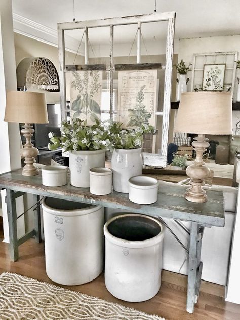 Crocks Decor Ideas, Decorating With Crocks, Crocks Decor, Crock Ideas, Crock Decor, Decorations For Spring, Rustic Decorations, Antique Crocks, Farmhouse Style Lighting