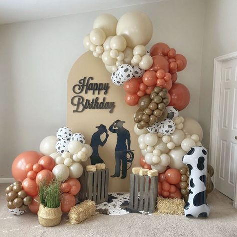 128pcs Farm Cow Theme Arch Garland Kit Retro Orange Khaki Latex Balloons for CowBoy CowGirl 0-9 Balloon Combination, Gender Reveal Decor, Baby Shower Garcon, Balloon Arch Decorations, Farm Theme Birthday, Balloon Chain, Arch Decoration, Farm Cow, Diy Balloon