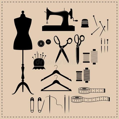 Vintage Sewing Machines Illustration, Sewing Kit Drawing, Sewing Illustration Art, Sewing Kit Illustration, Sewing Icon, Sewing Machine Illustration, Sewing Machine Drawing, Scissors Vintage, Sewing Illustration