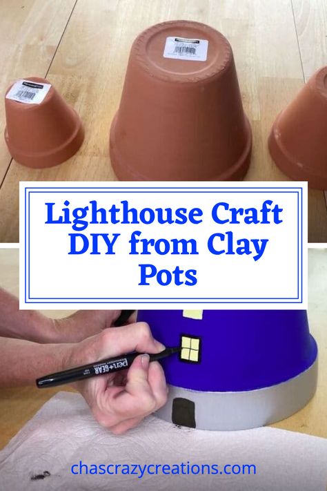 lighthouse craft diy from clay pots How To Make A Lighthouse From Clay Pots, Lighthouse From Clay Pots, Terra Cotta Pot Lighthouse, Diy Lighthouse Outdoor Clay Pots, Clay Pot Lighthouse Diy, Lighthouse Garden Ideas, Flower Pot Lighthouse, How To Make A Lighthouse, Diy Lighthouse Outdoor