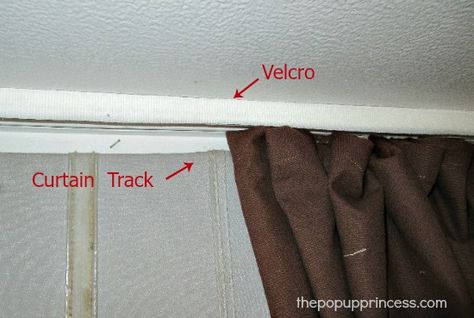 Velcro is a great way to hang those valances that used to be stapled to your pop up camper ceiling.  It makes the valance much easier to remove for cleaning. Camper Ceiling, Van Curtains, Teardrop Camper Interior, Pop Up Campers, Pop Up Princess, Popup Camper Remodel, Camper Curtains, Teardrop Camper Plans, Pop Up Trailer