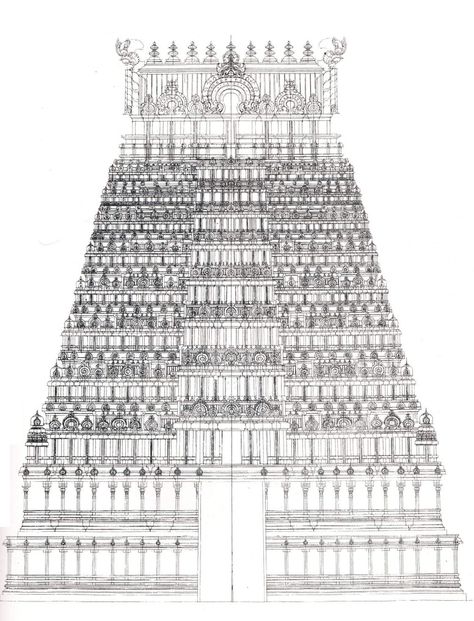 South Indian Temple Sketch, Temple Drawing Indian Simple, South Indian Temple Architecture, Kumari Kandam, Drawing Indian, Meenakshi Temple, 3d Portfolio, Hj Story, Temple Drawing