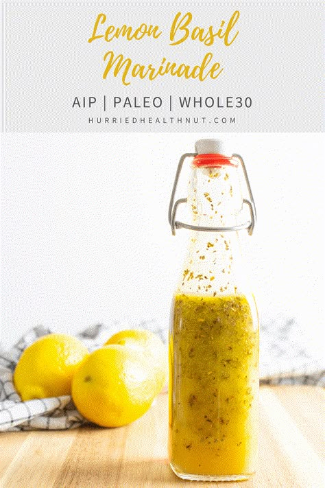 This easy Lemon Basil Marinade is made with pantry staples and is AIP, paleo and Whole30-friendly! Whip it up in under two minutes and use it to marinate chicken, seafood or vegetables. #chickenmarinade #lemon #basil #grilling #aip #paleo #whole30 Aip Chicken Marinade, Aip Seasoning Recipes, Aip Sauces And Dips, Aip Marinades, Aip Salsa, Aip Seasoning, Aip Dressing, Aip Dips, Basil Marinade