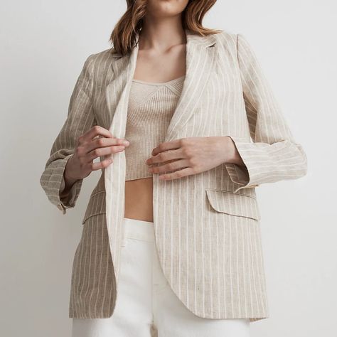 The Larsen Blazer In 100% Linen Nwt Made Of Lightweight Striped Linen, Our Fave Just-A-Touch Oversized Blazer Is Both Professional And Laid-Back At The Same Time. Plus, It's Got Two Front Flap Pockets And A Sleek Welt Pocket On The Chest So You Can Go Hands-Free Any Time You Need To. Slightly Oversized Fit. Body Length: 30". Linen. #Blazer #Linen #Pinstripe #Chic #Work Madewell Leather Jacket, Madewell Jacket, Free People Jacket, Cotton Linen Fabric, 2023 Collection, Striped Blazer, Fit Body, Oversized Blazer, Luxury Linen