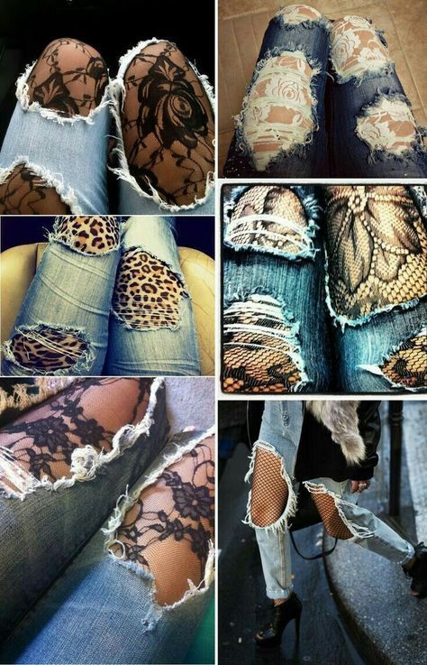 Lace Tights Under Ripped Jeans, Unique Jeans For Women, Ripped Jeans With Tights, Tights Under Ripped Jeans, Ripped Jeans Ideas, Tights Under Jeans, Diy Womens Clothes, How To Style Ripped Jeans, Revamp Clothes