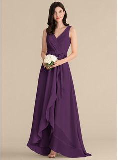 A-Line V-neck Asymmetrical Chiffon Bridesmaid Dress With Ruffle Bow(s) (007251387) - JJ's House Bridesmaid Dress Color, Jjs House, Indian Bridesmaids, House Dresses, Chiffon Cocktail Dress, Bridesmaid Dress Colors, Lace Bridesmaid Dresses, Chiffon Bridesmaid Dress, Size 12 Dress