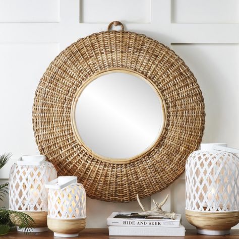 53150 | Woven Cane Wall Mirror Cane Mirror, Shutters Living Room, Mirror Words, Round Wall Mirror, Antique Decor, Candle Accessories, Round Mirror, Modern Vibe, Small Room