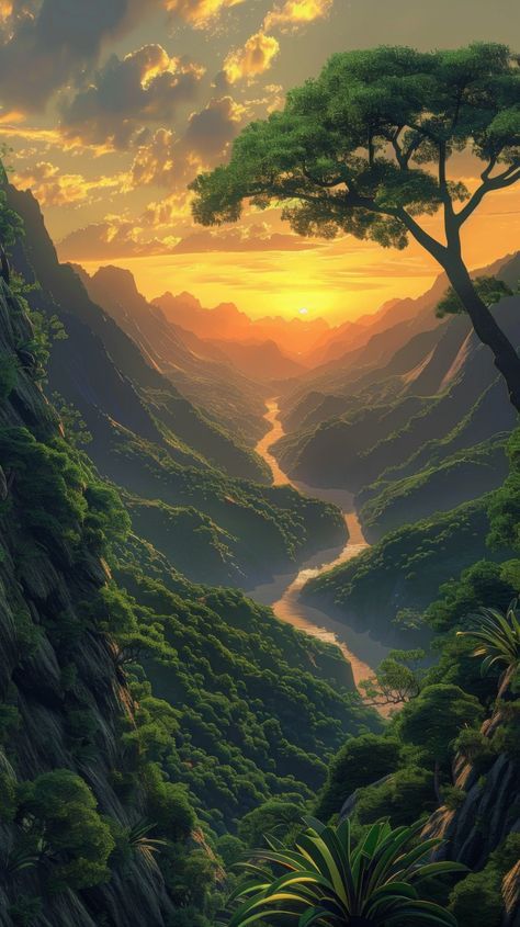 Jungle Landscape Painting, Jungle Sunset Painting, Landscape Concept Design, Jungle Landscape Art, Fantasy Jungle Art, Jungle Fantasy Art, Landscape Poster Design, Jungle Mountains, Jungle Mountain