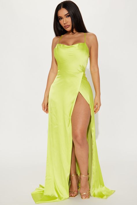 Alicia Satin Maxi Dress - Lime | Fashion Nova, Dresses | Fashion Nova Female References, Silk Clothes, Teen Dress, Fancy Gowns, Dresses Fashion Nova, Fashion Nova Outfits, Janet Guzman, Aqua Dress, Goddess Art