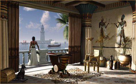 The view from Cleopatra's private residence and palace on the island of Antirrhodes in the port of Alexandria. The palace no longer exists as it now lies beneath the waves. Ancient Egypt Projects, Egyptian Aesthetic, Ptolemaic Egypt, Starověký Egypt, Egypt Concept Art, Egypt Aesthetic, Prince Of Egypt, Ancient Egypt Art, Egypt Art