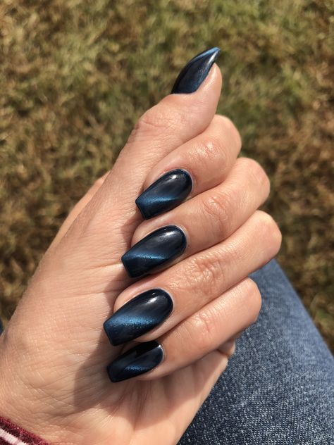 Matte Magnetic Nails, Magnetic Acrylic Nails, Black Magnet Nails, Magnet Gel Nails, Blue Magnetic Nails Design, Acrylic Nails Magnetic, Magnet Polish Nails, Blue Magnetic Nails, Midnight Blue Cat Eye Nails