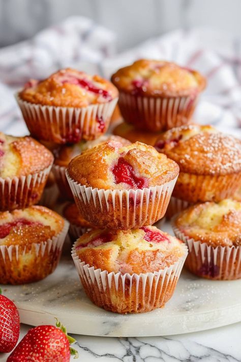 Muffins With Strawberries, Strawberry Baked Goods Recipes, Muffin Recipes Strawberry, Strawberry Baked Goods, Muffin Strawberry, Muffins Strawberry, Strawberry Shortcake Muffins, Strawberry Baking, Strawberry Muffin