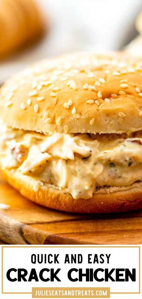 An easy slow cooker chicken recipe you can make for tonight's dinner! Crack Chicken piled onto a toasty bun with melted cheese. This crockpot recipe is the perfect quick and easy sandwich filling for busy weeknight meals or quick lunches. Save this homemade dinner recipe! Shredded Chicken Recipe, Easy Sandwich, Easy Slow Cooker Chicken, Best Crockpot Recipes, Easy Holiday Recipes, Sandwich Fillings, Comfort Food Recipes Dinners, Simple Sandwiches, Chicken Slow Cooker Recipes