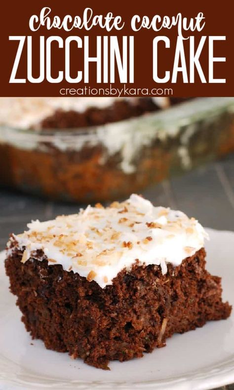 This Coconut Chocolate Zucchini Cake is dense and moist, and the coconut frosting is so yummy! An extra tasty zucchini dessert recipe. #chocolatezucchinicake #coconutchocolatezucchinicake #coconutfrosting #creationsbykara #zucchinirecipe Zucchini Dessert, Zucchini Recipes Dessert, Zucchini Chocolate, Zucchini Chocolate Chip Muffins, Cake With Coconut, Chocolate Zucchini Cake, Coconut Frosting, Coconut Chocolate, Zucchini Cake