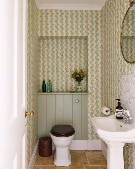 42 Country Bathroom Ideas That Are Full of Rustic Charm Cloakroom Wallpaper, Country House Bathroom, Country Bathroom Ideas, Guest Wc, Small Downstairs Toilet, Cloakroom Toilet, Downstairs Cloakroom, Fern Wallpaper, Tongue And Groove Panelling