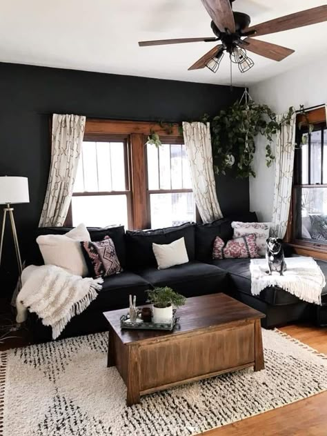 Black Couch, Moody Living Room, Warm Home Decor, Yoga Room, Rustic Living Room, Boho Living Room, Living Room Inspo, A Living Room, Cozy Living Rooms