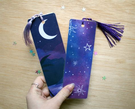 Printed Bookmarks, Laminated Bookmarks, Purple Mountains, Bookmark With Tassel, Star Bookmark, Purple Stars, Bookmark Ideas, Tassel Bookmark, Purple Galaxy