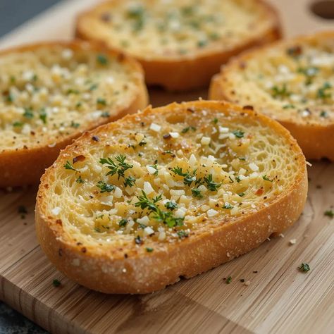 Garlic Bread Slices  Ingredients: Bread: 1 loaf, sliced into portions ⦁ Butter: 1/2 cup, softened ⦁ Garlic: 2-3 cloves, minced ⦁ Parmesan Cheese: 1/4 cup, grated ⦁ Fresh Herbs: 1 tablespoon, chopped  Preparation Method: Prepare Bread: Slice bread into desired portions. Make Garlic Butter: Combine softened butter, garlic, and herbs. Assemble: Spread garlic butter mixture on bread, top with parmesan. Bake: Bake until golden brown and crusty. Garlic Bread Aesthetic, Gi Gi Hadid, Clean Girl Food, Make Garlic Butter, Parmesan Bread, Garlic Cheese Bread, Dream Cafe, Halal Food, Food Ideas Recipes