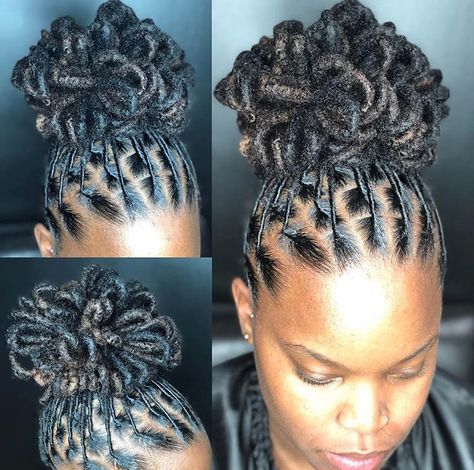 Dread Petals Styles, Updo Cabello Natural, Edges Laid, Hair Braiding Salon, Braids And Twists, Dreadlocks Styles, Dreads Styles For Women, Loc Updo, Natural Hair Salons