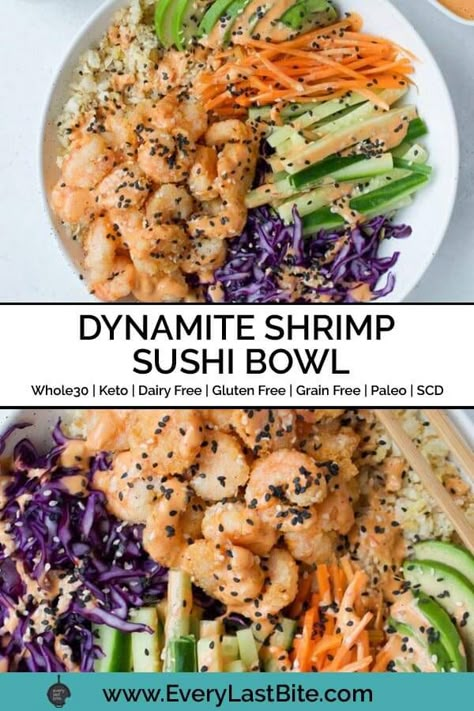 Paleo Shrimp Bowl, Grain Gluten Free Recipes, Cauliflower Poke Bowl, Sushi Recipes Bowl, Gluten Free Sushi Recipes, Gluten Free Grain Bowls, Shrimp Grain Bowl, Cooked Sushi Bowl, Gluten Free Dairy Free Pescatarian Recipes