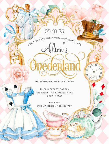 Wonderland Party Invitations, Wonderland Party Theme, Alice In Wonderland Invitations, Wonderland Invitation, Pink Girl Birthday, Wonderland Birthday Party, Alice In Wonderland Tea Party Birthday, Alice Tea Party, Girl 1st Birthday