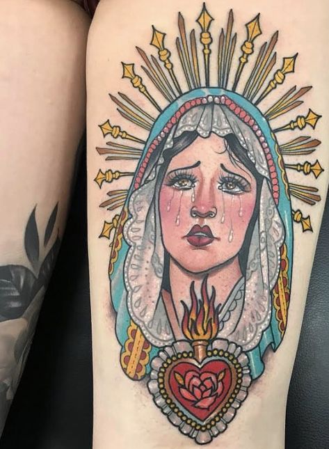 Lady Of Sorrows Tattoo, Our Lady Of Sorrows Tattoo Traditional, Neotraditional Chest Tattoo, Mother Mary Tattoo Design, Our Lady Of Sorrows Tattoo, Traditional Virgin Mary Tattoo, Mother Mary Tattoo, Cholo Tattoo Ideas, Mother Mary Tattoos