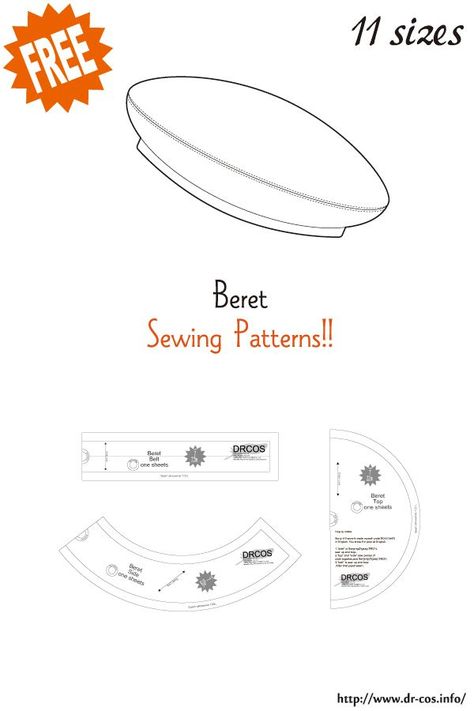 This is the pattern of Beret. inch size(letter size) 5-1/2,5-3/4,6,6-1/4,6-1/2,6 3/4,7,7-1/4,7-1/2,7-3/4,8 cm size(A4 size) 44,46,48,50,52,54,56,58,60,62,64 Added the number of fabric meters required for each size Beret Hat Pattern Sewing, Beret Sewing Pattern, Topi Baret, Pola Topi, Beret Pattern, Sewing Hats, Hat Patterns Free, Hat Patterns To Sew, Free Sewing Patterns