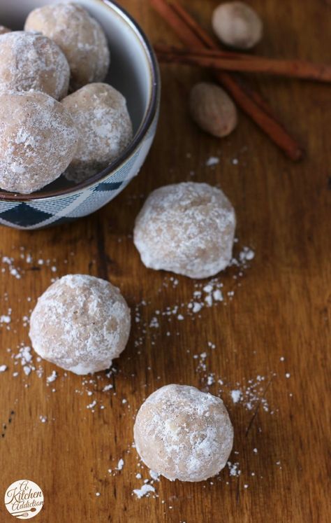 Spiced Eggnog Snowball Cookies Recipe from A Kitchen Addiction Snowball Cookies Recipe, Spiced Eggnog, Snowball Cookie Recipe, Eggnog Cookies, Christmas Dessert Table, Baking Photography, Peppermint Candies, Snowball Cookies, One Smart Cookie