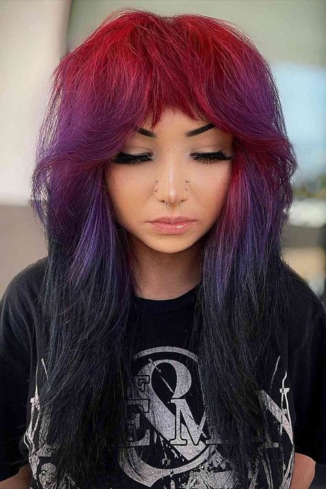 Vampire-Inspired Long Shag with Ombre Red Hair Tips, Ombre Hair Ideas, Long Ombre Hair, Black Red Hair, Short Hair Tomboy, Short Hair Images, Red Hair Inspo, Vivid Hair Color, Long Layered Haircuts