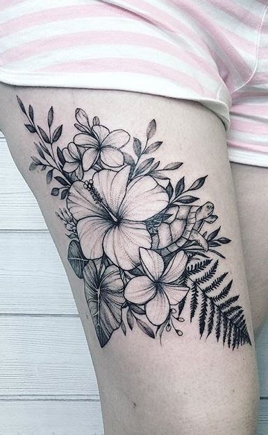 <<Check out more Hibiscus tattoos  #tattoomenow #tattooideas #tattoodesigns #hibiscus #flower Hawaiian Flower Tattoos On Thigh, Hibiscus Tattoo Cover Up, Hibiscus Leaf Tattoo, Hibiscus And Lotus Flower Tattoo, Hibiscus And Lily Flower Tattoo, Hibiscus Ocean Tattoo, Hibiscus Ankle Tattoos For Women, Tropical Flower Shoulder Tattoos For Women, Hibiscus Flower Tattoos On Thigh