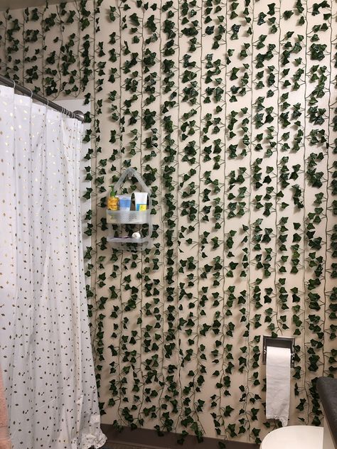 jungle-fy your bathroom using fake ivy vines, easy for any renter friendly, and black thumb peeps out there #bathroomwall #dormdecor #renterfriendly #ad #commissionsearned Bathroom Vines, Fake Greenery, Fake Ivy, Office Wall Decoration, Black Thumb, Flowers Hanging, Ivy Vine, Party Garden, Leaf Garland