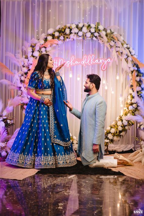 This Couple In Blue Had A Stunning Engagement Ceremony! - ShaadiWish Couple Engagement Dress Indian, Engagement Ceremony Decorations, Engagement Couple Outfits Indian, Engagement Photos Outfits Indian, Engagement Photos Ideas Indian, Engagement Outfits Indian Couple, Engagement Looks For Indian Bride, Engagement Decorations Indian, Engagement Outfits Indian