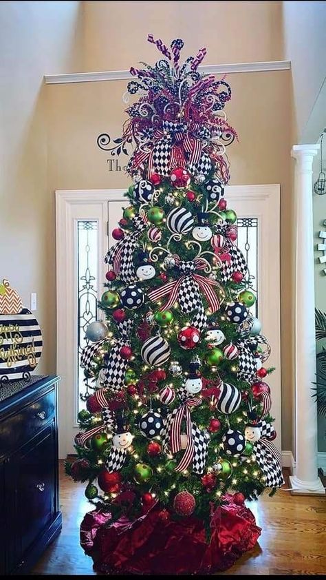 Harlequin Christmas Tree, Makenzie Child Christmas Tree, Mackenzie Childs Inspired Christmas Tree, Checkered Christmas Tree, Black White Christmas Tree, Pink Christmas Tree Decorations, Tree Ribbon, Wonderland Christmas, Black White Christmas