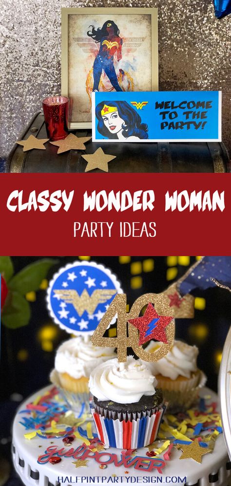 Have a big birthday coming up? Try a Classy Wonder Woman Party for grown up superhero fun. More Wonder Woman backdrop, photo booth, dessert, table, and centerpiece ideas on Halfpint Design. #wonderwoman #birthdayparty #40thbirthday #partytheme #kidspartyideas #grownupbirthdays #partydecorations #wonderwomandecorations Remission Party, Kim Birthday, Wonder Woman Decorations, Wonder Woman Birthday Party, Pinterest Collage, Women Party Ideas, 51st Birthday, Wonder Woman Party, Wonder Woman Birthday