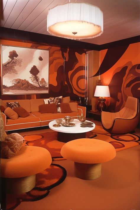 70s House Exterior, Groovy Interiors, Vintage Maximalist Decor, Groovy Room, 70s Interior Design, 70s House, 70s Interior, Rick James, Tranquil Bedroom