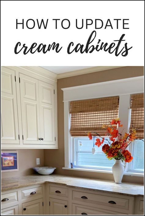 4) Cream Cabinets White Trim, Bathroom Cream Cabinets, Kitchen Paint Colors With Cream Cabinets, Colors To Paint Kitchen Cabinets, Cream Painted Kitchen Cabinets, Cream Kitchen Units, Cream And White Kitchen, Updating A Kitchen, Cream Colored Cabinets