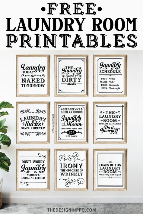 Farmhouse style free printables to decorate your laundry room. These vintage style wall art printables featuring funny quotes are perfect for DIY home decor on a budget. Quotes included - self service laundry open 24 hours, laundry today or naked tomorrow, laundry schedule, loads of fun laundry room wash, dry, fold, repeat and more. #freeprintable #diyproject #freelaundryprintable #funnyquotes #farmhouseprintable #vintage #homedecor #wallartprintable #laundrydecor Room Decor Printables, Hallway Farmhouse, Budget Quotes, Laundry Room Printables, Laundry Schedule, Exterior Farmhouse, Interior Hallway, Self Service Laundry, Laundry Room Wall Decor