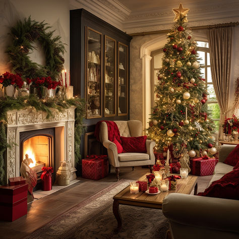 Experience the opulence of the holiday season with this meticulously detailed image of a living room adorned with Christmas decor. The golden fireplace and large Christmas tree set a warm, atmospheric mood, while the red and gold color palette brings a touch of English countryside charm. #FestiveElegance #ChristmasDecor #CasadisoFurniture Cream And Red Christmas Decor, Red And Gold Christmas Aesthetic, Old Money Christmas Decor, Red And Gold Christmas Decor Living Room, Earthy Christmas Tree, Red And Gold Color Palette, Classic Red Christmas, Christmas Shooting, Holiday Living Room Decor