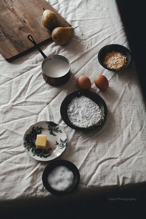 Pear and Almond Clafoutis for Kinfolk Table French Cuisine Photography, Pear Astetic, Pear In Wine, Farm To Table Photography, Pear Food Photography, Kinfolk Table, Fall Inspiration, Ingredients Photography, Photo Food