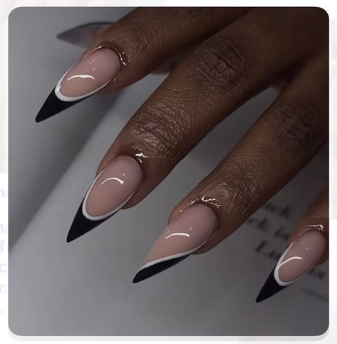 Black French Tip Inspo Nails, White French Design Nails Almond, White Almond French Tip Nails Design, French Gel X Nails Almond, Pointy Black French Tip Nails, French Tips Black And White, Black With White French Tip Nails, French Tips For Wedding, Thick French Tip Almond