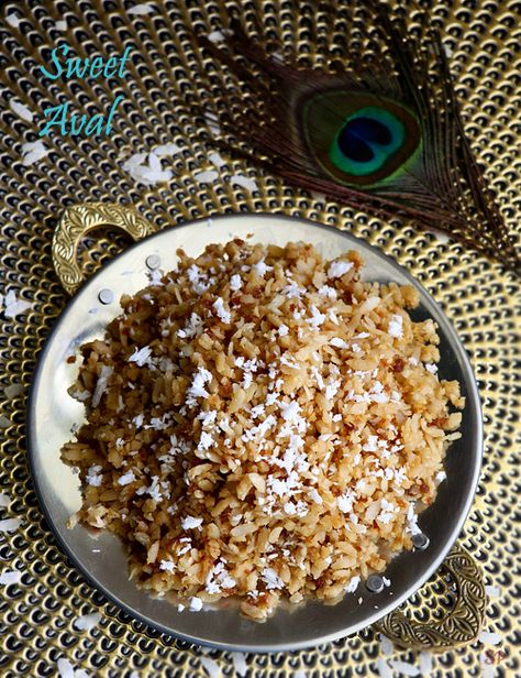 Aval nanachathu recipe, Sweet aval with jaggery, Inippu aval Aval Recipes, Jaggery Recipes, Kerala Recipes, Rice Flakes, No Cook, Kerala Food, Recipe Sweet, Cardamom Powder, Grated Coconut