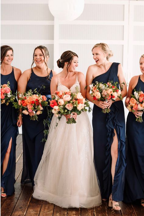 Navy And Peach Wedding, Navy Bridal Party, Navy Blue Bridesmaids Dresses, Navy Bridal Parties, Blue Bridesmaids Dresses, Chesapeake Bay Beach Club, Navy Blue Bridesmaids, Coral Bridesmaid Dresses, Navy Blue Bridesmaid Dresses