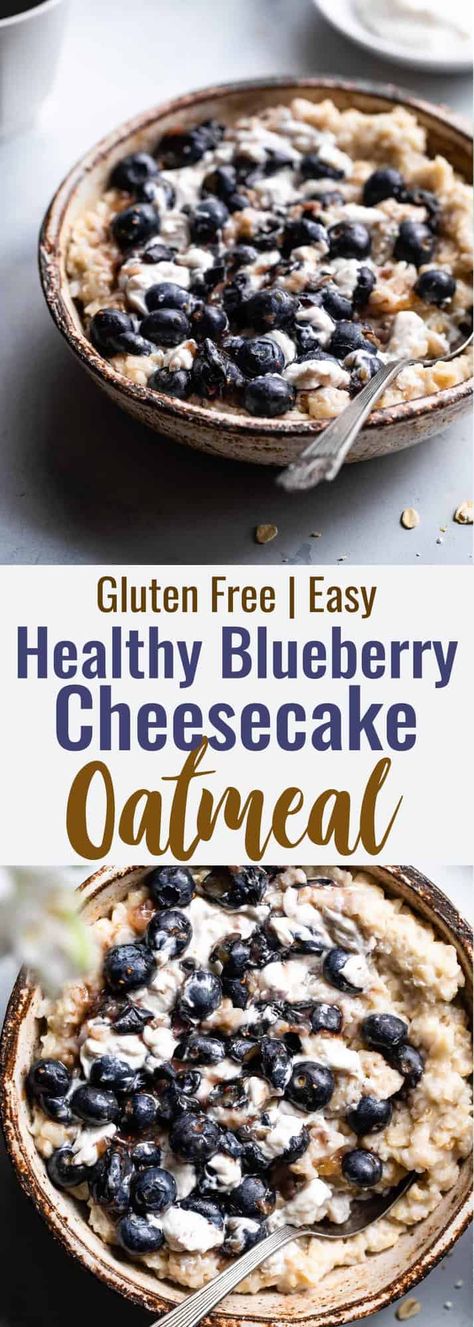 Blueberry Cheesecake Oatmeal - This quick and easy Blueberry Oatmeal with Cheesecake Swirl is a healthy, low fat and gluten free breakfast that tastes like waking up to cheesecake! | #Foodfaithfitness | #Glutenfree #healthy #breakfast #oatmeal #sugarfree Cheesecake Oatmeal, Healthy Breakfast Oatmeal, Pancakes Protein, Breakfast Oatmeal Recipes, Breakfast Oatmeal, Baking Powder Uses, Gluten Free Breakfast, Gluten Free Oatmeal, Blueberry Oatmeal