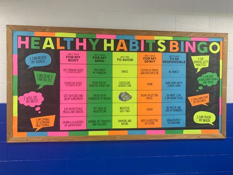 Health And Pe Bulletin Board, Healthy Living Bulletin Board, Health Class Bulletin Board Ideas, Physical Health Bulletin Board, Healthy Habits Bingo, Health Booth Ideas, Health Bulletin Boards High School, Pe Bulliten Boards, Pe Display Boards